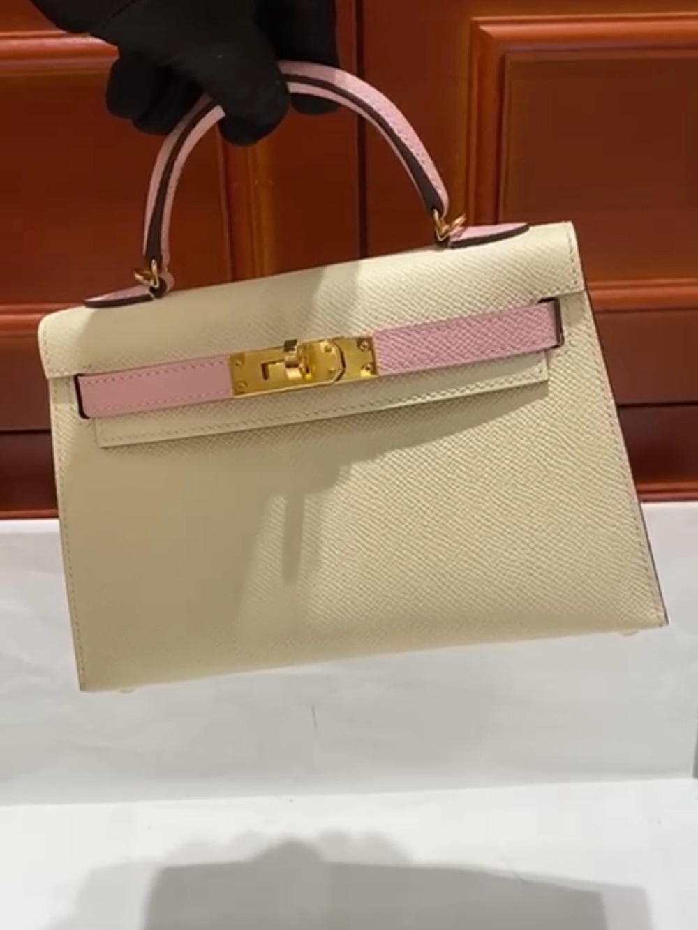 Cream and Pink Top-Handle Leather Satchel